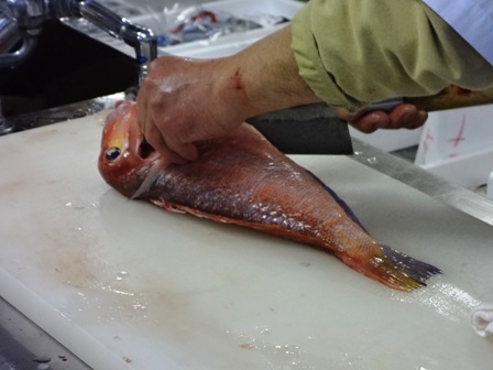 お腹を切って内臓を取り除きます