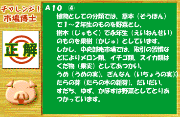 Q10 正解 A10 ④ 植物としての分類では、草本で1～2年生のものを野菜都市、樹木で永年性のものを果樹としています。しかし、中央卸内市場では、取引の習慣などによりメロン類、イチゴ類、スイカ類はくだ物（果実）としてあつかい、うめ（うめの実）、ぎんなん（いちょうの実）、たらの芽（たらの木の新芽）、だいだい、すだち、ゆず、かぼすは野菜としてとりあつかっています。